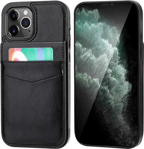 Vista 3 de KIHUWEY - Funda tipo cartera para iPhone 12 Pro Max, soporte para tarjetas, color negro Ranuras para tarjetas de crédito, piel sintética, cierre