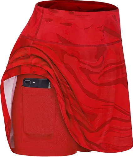 Vista 3 de Fulbelle Falda de tenis roja de cintura alta casual para mujer con pantalones cortos incorporados