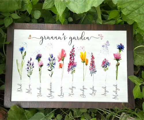 Vista 28 de Nazenti Letrero personalizado con marco de jardín de la abuela con nombres de nietos y flor de nacimiento para regalo del día de la madre, regalos