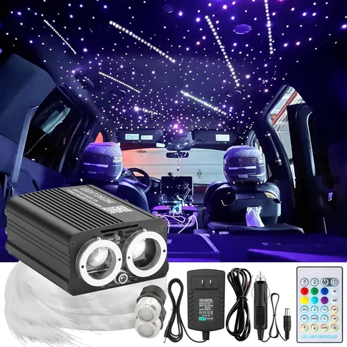 Vista 5 de Kit de luz de doble puerto 32W Twinkle Meteor 2 en 1 Starlight Headliner con 1200 piezas de cable de fibra óptica de 9.8 pies RGBW fuente de luz