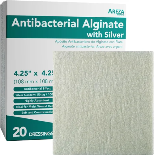 Vista 11 de Areza Silver - Almohadillas antibacterianas de alginato de calcio para heridas, estériles, antiadherentes, altamente absorbentes; para drenaje