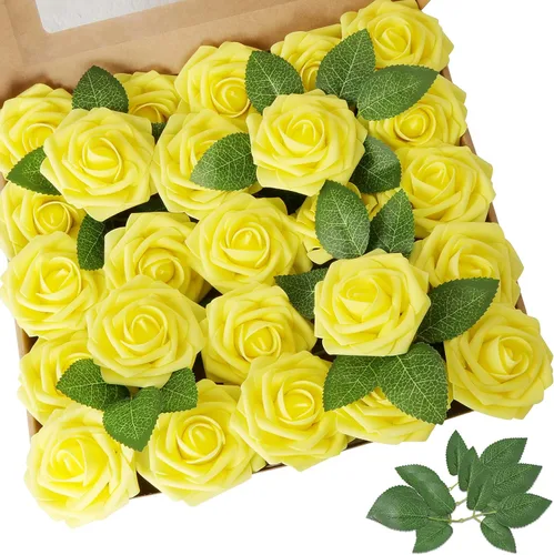 Vista 19 de AmyHomie 25 flores artificiales de aspecto real con tallo de rosa beige