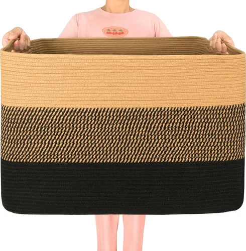 Vista 15 de MINTWOOD Design 112L Canasta Extra Grande para Mantas con Soporte para Sala de Estar, 25"x17"x16" Canasta de Almacenamiento de Cuerda Tejida