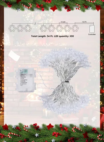 Vista 2 de Brightown Luces de Cadena de Copos de Nieve para Exteriores, 50 LED 26 Pies Luces de Navidad Multicolor con Funcionamiento a Batería, 8 Modos