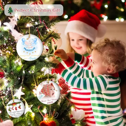Vista 7 de Adornos personalizados para la primera Navidad del bebé 2024 con nombre y texto, adorno de elefante personalizado para bebés recién nacidos