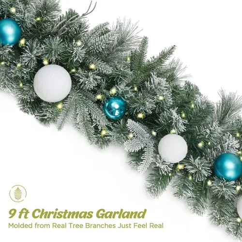 Vista 4 de OasisCraft - Guirnaldas navideñas preiluminadas de 2.7 m con temporizador y luces LED, guirnaldas con copos de nieve y bolas, guirnalda navideña a