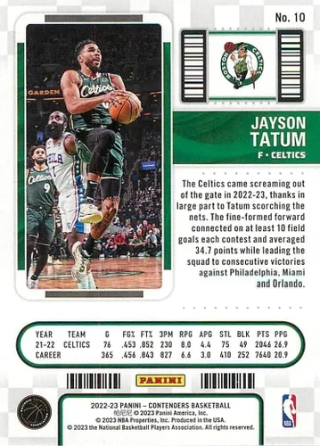 Vista 2 de Jayson Tatum 2022 2023 Serie de boletos de temporada de Panini Contenders Tarjeta de menta #10 fotografiándolo en su camiseta verde de los Boston