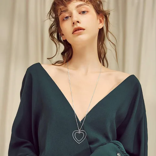 Vista 2 de Collar largo de cadena de plata de ley S925 con dije grande para mujeres y niñas, plata de ley