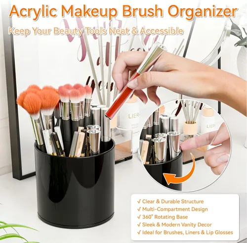 Vista 4 de Yieach Rotating Acrylic Makeup Brush Holder for Vanity,Bathroom Countertop,Round Makeup Brushes Organizer,Spinning Cosmetic Brushes Holder,Make up