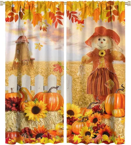 Vista 40 de Divertidas cortinas opacas de calabaza y espantapájaros para sala de estar, rústicas de otoño, hojas de arce, girasol, cosecha de otoño, puesta