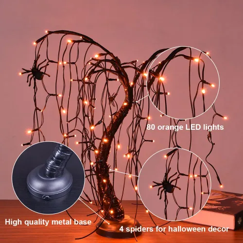 Vista 3 de Luz de bonsái de sauce iluminada de 24 pulgadas para Halloween, 80 luces LED naranjas, lámpara de mesa, árbol artificial, decoración de escritorio