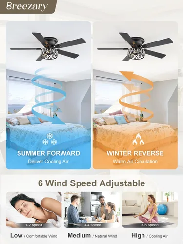 Vista 3 de Ventiladores de techo de montaje empotrado de 52 pulgadas con luces y control remoto, 5 aspas de doble cara, motor CC reversible de 6 velocidades