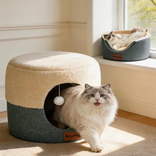 Vista 13 de Cueva de cama para gatos de interior, 2 en 1 plegable para gatos y cama lounge con cojín reversible, casa cerrada calmante y antiansiedad