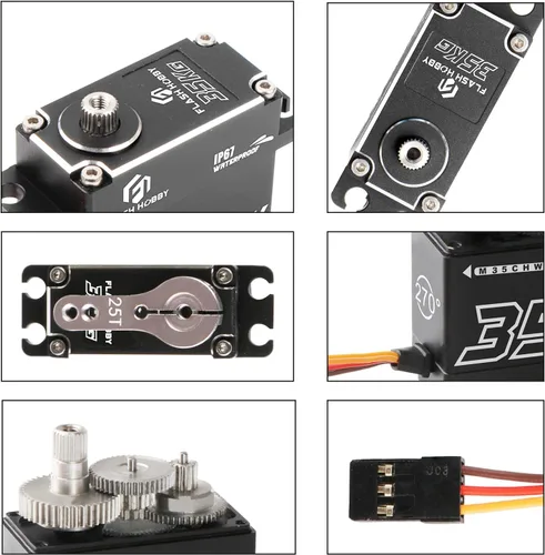 Vista 6 de FLASH HOBBY Servo sin núcleo de 77.2 lbs de alto par de torsión servo de engranaje de metal completo, IP67 resistente al agua servo RC con ángulo