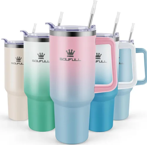 Vista 12 de Vaso de 40 onzas con asa y tapa con popote, taza de café de viaje 100% a prueba de fugas, taza aislada de acero inoxidable para bebidas frías