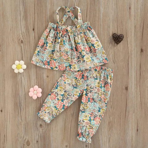 Vista 3 de Conjunto de 2 piezas de ropa con volantes y cuello halter floral para niños pequeños