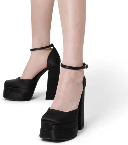 Vista 7 de DREAM PAIRS Zapatos de tacón alto y grueso para mujer, con puntera cerrada, puntera cuadrada, correa en el tobillo, para boda, fiesta, zapatos