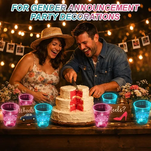 Vista 7 de mishunyus Paquete de 40 vasos que brillan en la oscuridad para revelación de género, suministros de fiesta de baby shower de equipo para niños