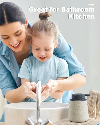Vista 5 de Lareina Dispensador de jabón de cerámica de 12 onzas, bomba extraíble gris, recargable, diseño moderno para baño y cocina, color beige mate moteado