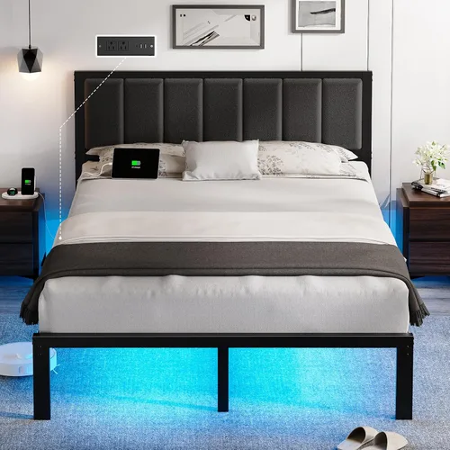 Vista 8 de OLEVS Base de cama individual con cabecero, plataforma de metal, tamaño individual, con estación de carga USB y luces LED, no necesita somier