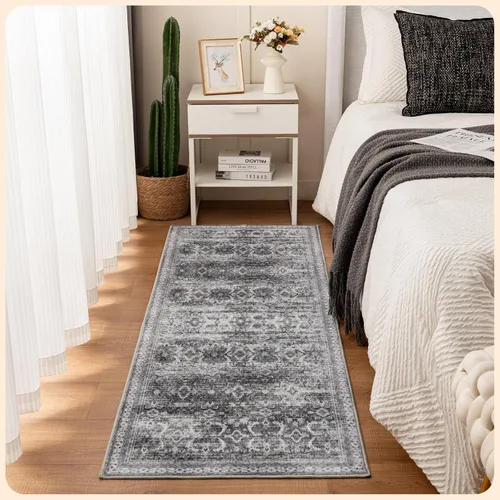 Vista 270 de Istana Alfombra larga antideslizante de 2.5 x 8 para el hogar, para pasillo y cocina, lavable, sedosa y suave al tacto, elegante, color azul y marfil