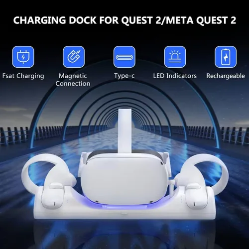 Vista 2 de Estación de carga VR para Oculus Quest 2Meta Quest 2, base de carga compatible con indicador LED, auriculares de carga simultáneamente magnéticos