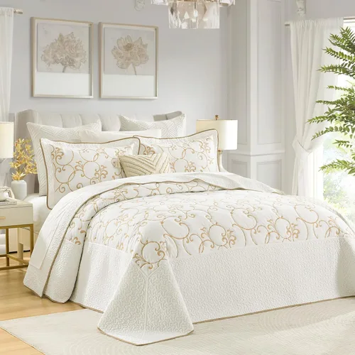 Vista 2 de Juego de cubrecama de gran tamaño de 100% algodón, 120"x102" extra grande para cama Queen, con fundas de almohada, ropa de cama bordada ligera de 3
