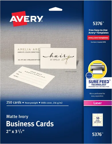 Vista 9 de Avery Tarjetas de visita imprimibles con tecnología Sure Feed, 2" x 3.5", marfil, 250 tarjetas en blanco para impresoras láser (05376)