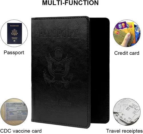 Vista 5 de Funda de cuero para pasaporte - Cartera de pasaporte de viaje para mujeres y hombres, artículos esenciales para el aeropuerto con protector, Negro