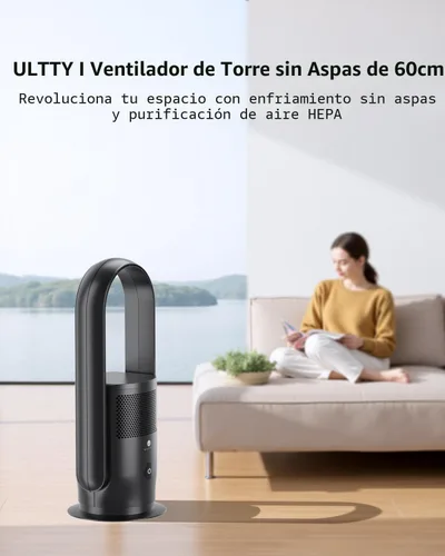 Vista 7 de ULTTY Ventilador de torre sin aspas y purificador de aire en uno, ventilador oscilante sin aspas de 90° con control remoto, táctil, temporizador