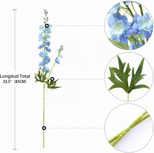 Vista 7 de ZYTUYO 4 piezas de flores artificiales de delfinio azul claro de 33.5'' de largo, planta de tallo de larkspur, flores de seda florales, ramos falsos