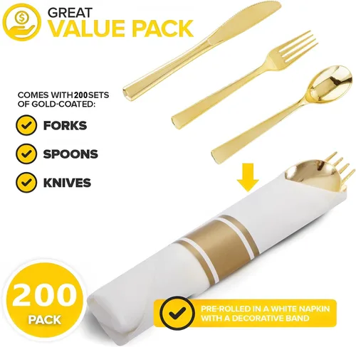 Vista 2 de Juego de cubiertos de plástico dorado pre-enrollados para 200 invitados - Cubiertos dorados de servicio pesado - Incluye paquete de 200 utensilios