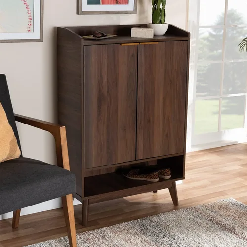 Vista 2 de Baxton Studio Lena Mid-Century - Armario moderno de madera con 5 estantes con acabado marrón nogal