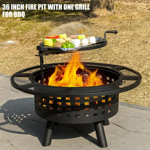Vista 5 de Verdeluxe Hoguera al Aire Libre de 91 cm con Parrilla, Hogueras de Leña para Exteriores con Tapa y Atizador, Mesa de Hoguera 3 en 1 de Metal