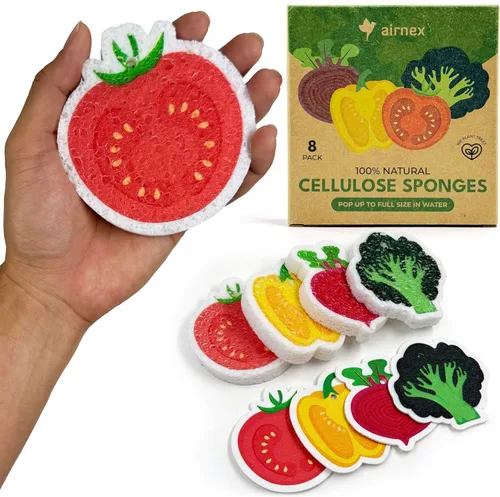 Vista 9 de AIRNEX Esponjas comprimidas de celulosa biodegradable a granel – Paquete de 8 unidades de cocina en forma de fruta, ecológicas, sin olor, naturales