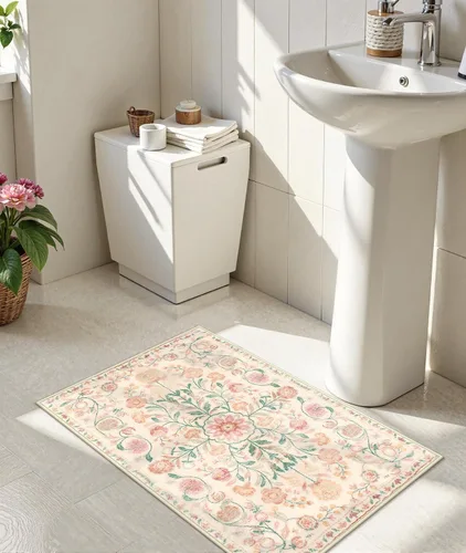 Vista 7 de Uphome Alfombra de baño bohemia con diseño floral beige, ultra suave, antideslizante, vintage, lavable a máquina, alfombra de baño floral para baño