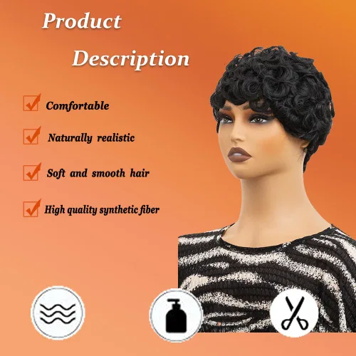Vista 2 de Cabello rizado Pixie para mujer con flequillo para mujer (negro y rizado) Pixie - Pelucas sintéticas en capas, pelucas cortas para mujeres negras