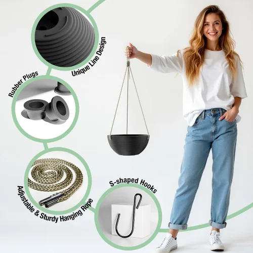 Vista 7 de Asnext Maceta colgante de 10 pulgadas con patrón de línea para plantas de interior y exterior, paquete de 2 macetas colgantes redondas para plantas