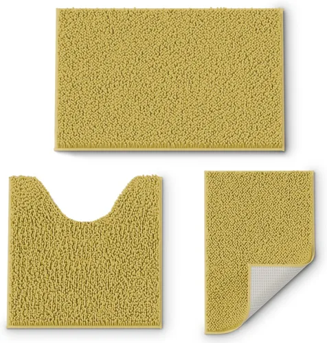 Vista 11 de Juego de 3 tapetes de baño de felpilla, antideslizantes, ultra suaves, absorbentes con forma de U para inodoro, baño, bañera, ducha, color verde