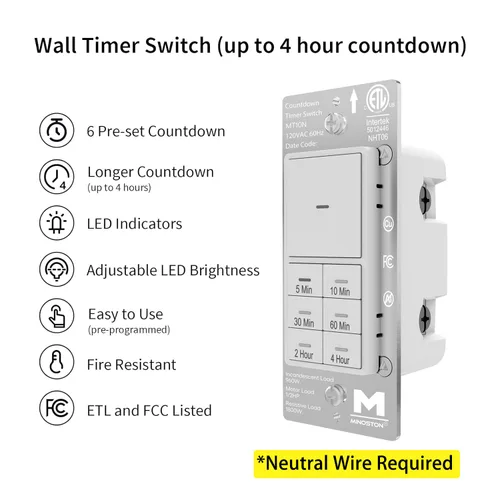 Vista 5 de Interruptor temporizador de cuenta regresiva Minoston para ventiladores y luces de baño, 5/10/30/60 minutos, 2/4 horas, interruptor temporizador
