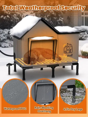 Vista 2 de Rywell - Casa para gatos con calefacción para exterior, súper aislada y resistente a la intemperie, refugio elevado para gatos al aire libre