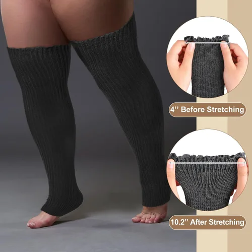 Vista 7 de Eurzom 2 pares de calentadores de piernas de talla grande para mujer, por encima de la rodilla, calcetines sin pies, pierna alta, invierno, tejido