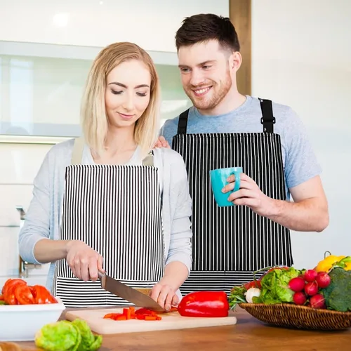 Vista 6 de Paquete de 2 delantales para mujer con bolsillos, delantal de cocina para hombres, delantal ajustable adecuado para chefs, camareros, horneado