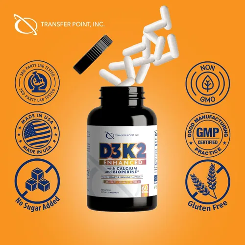 Vista 4 de D3K2 mejorado con calcio y bioperine® - 5000 UI de vitamina D3 + 100 mcg de vitamina K2 MK-7 - Fórmula una vez al día, 60 cápsulas