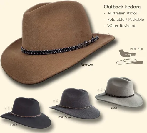 Vista 2 de Oztrala Outback Fedora Sombrero de fieltro de lana australiana HW02 Hombres Mujeres Niños Banda de cuero vaquero Western US