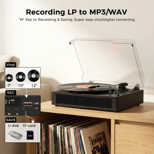 Vista 7 de Tocadiscos de vinilo vintage con altavoces integrados, tocadiscos de 3 velocidades por correa, reproducción Bluetooth, grabación USB/TF, parada