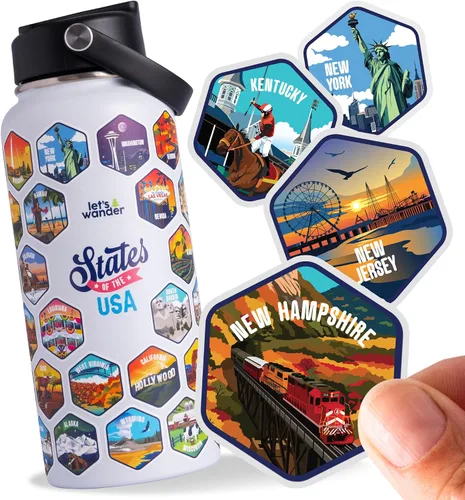 Vista 10 de LET'S WANDER Lets Wander 50 States - Botella de agua con calcomanías impermeables, acero inoxidable aislado a prueba de fugas de 32 onzas