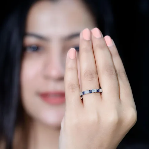 Vista 4 de Certified Lab Grown Blue Sapphire Eternity Band, AAAA Quality, Sapphire Moissanite Anniversary Ring - Ready To Gift