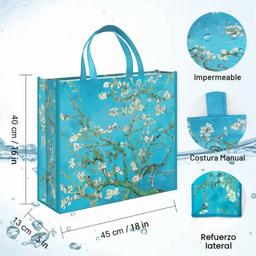 Vista 4 de NymphFable Paquete de 6 bolsas de comestibles reutilizables con flores de almendra, bolsas de compras, impermeables, bolsas de regalo, 50 libras
