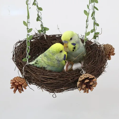 Vista 4 de Nido de ratán natural pequeño, mediano y grande, columpio para pájaros para loro, cacatúa, conure, cacatúa, guacamayo amazónico, agapornis gris